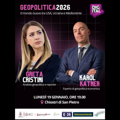 Karol Katner analista geopolitico evento Digital Freaks Geopolitica 2026 con Greta Cristini 00